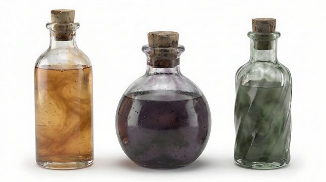 Three vintage glass bottles with mysterious liquids isolated on white background