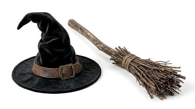 Black velvet witch hat with brown leather belt and rustic broom isolated on white background