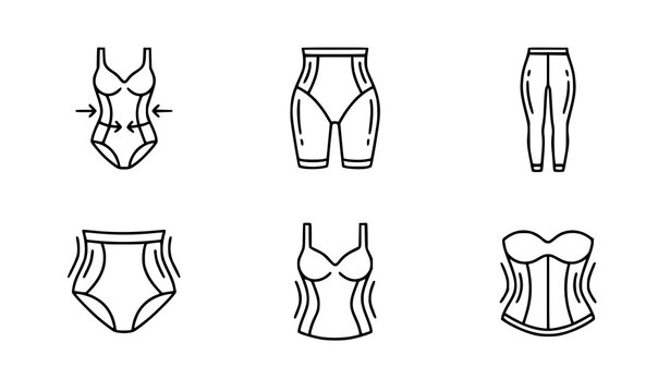 Minimalist line icon set of women body shapewear compression garments underwear corset slimming briefs and tummy control clothing vectors