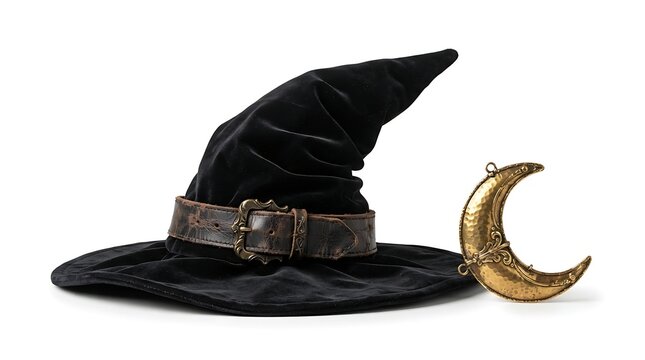 Black velvet witch hat with brown leather belt and golden moon isolated on white background