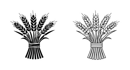 Fototapeta premium Two stylized wheat sheaf icons in solid black and outline graphic design on white background