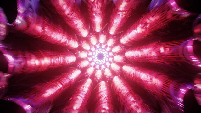 Pink and white radial light burst forming a floral mandala