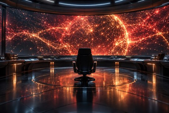 Empty command chair beneath an autonomous AI network display