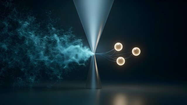 Elegant conceptual visualization of an AI system reducing an overwhelming enterprise dataset to only the most valuable information signals