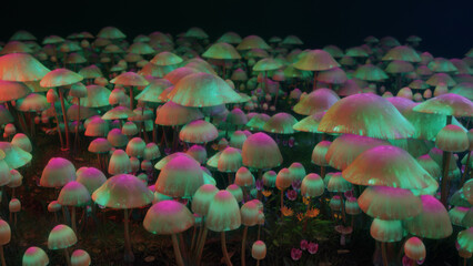 Dense field of colorful mushrooms in a surreal forest © Versa