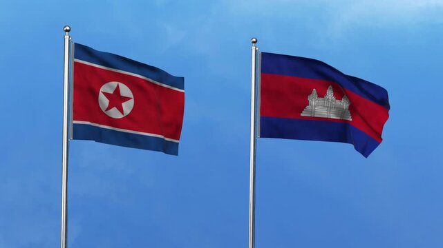 North Korea and Cambodia Waving Flags, 3D Illustration.