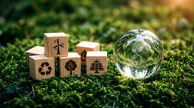 Wooden cubes with environmental icons and a glass sphere reflecting the Earth sit on lush green moss.