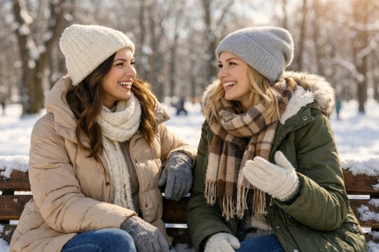 Two friends laughing on a park bench in winter wearing warm coats scarves and knit hats for seasonal social media background