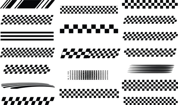 Speed arrows and checkered racing banner vector set. Black fast motion trail graphics, cross flags, and motorsport decals isolated on white background.