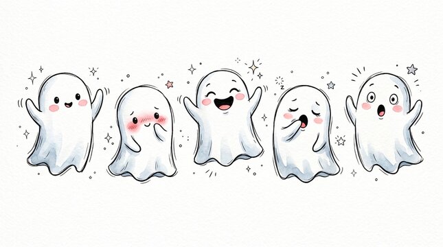 Five cute little white ghosts with different facial expressions arranged in a horizontal row with sleepiness surprise row white background