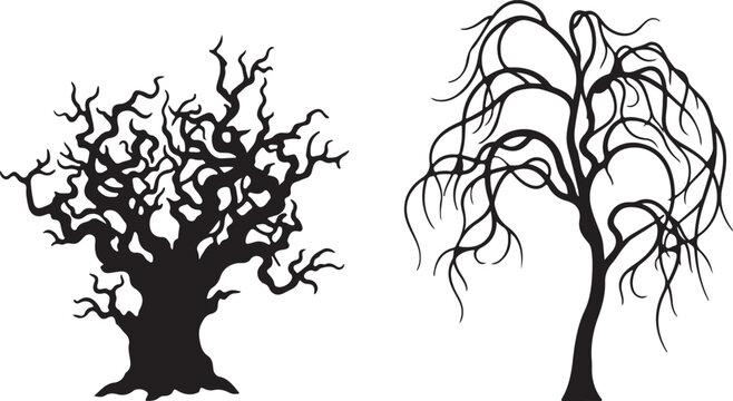 Knotted Oak and Weeping Willow Spooky Tree Silhouettes Pack on White background. Hand drawn and vector forest element designs. Great for shirts, stamps, stickers, logos, and labels