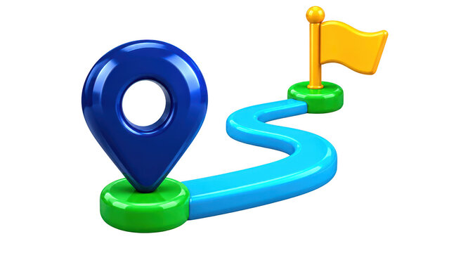 3D location pin and destination flag on a path