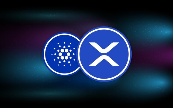cardano-ada  and  ripple-xrp virtual currency logo. 3d illustrations.