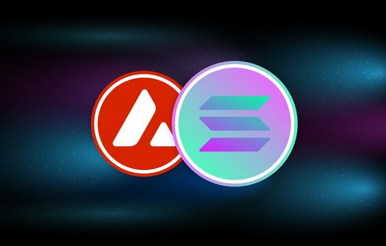 avalanche-avax and solana-sol virtual currency logo. 3d illustrations.