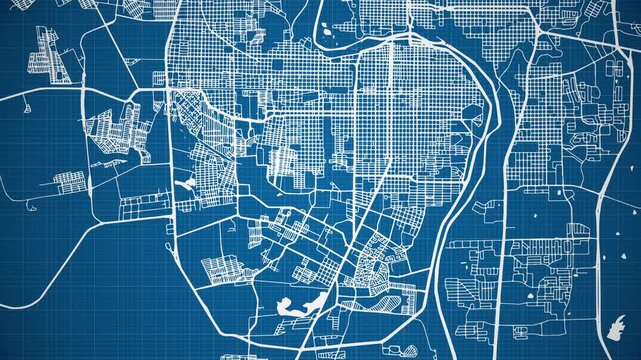 Ink reveal animation of Nuevo Laredo city, Tamaulipas, Mexico (M&eacute;xico) grid map. Aerial top view. Blueprint style. White lines with blue background. 4K Seamless loop.