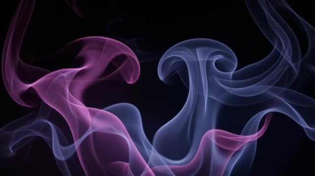 Abstract flowing smoke patterns in vibrant pink and blue colors on a black background.