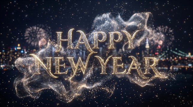 Happy New Year celebration with sparkling fireworks and glittering text