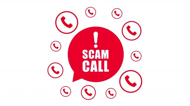 Scam call alert animation, red speech bubble with exclamation mark and ringing phone icons, transparent background