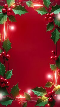 Flat lay vertical Christmas banner with space for text framed by holly leaves with berries and gold sparkling lights on a red background. New Year template. Loop animation