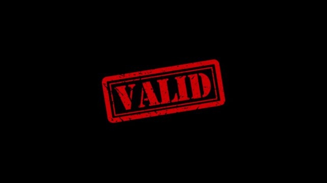 Red valid rubber stamp animation on black background, grunge texture approval concept for business and control
