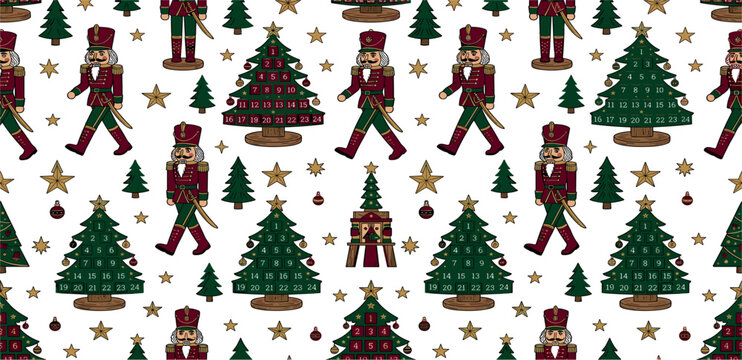 Christmas nutcracker and advent calendar tree seamless pattern vector background holiday design