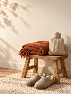 Warm blanket with wool slipper plus hot water bottle resting upon wooden stool on rug inside cozy room during cold autumn morning for comfort relaxing home wellness lifestyle atmosphere no people