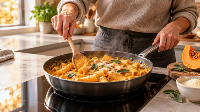 Chef hand cooking creamy pumpkin pasta in nonstick pan using wooden spoon with grated cheese plus sage herb topping upon kitchen stove during cozy autumn home cooking session for healthy dinner meal