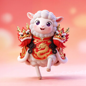 Dragon  dancing sheep in transitional Chinese custume
