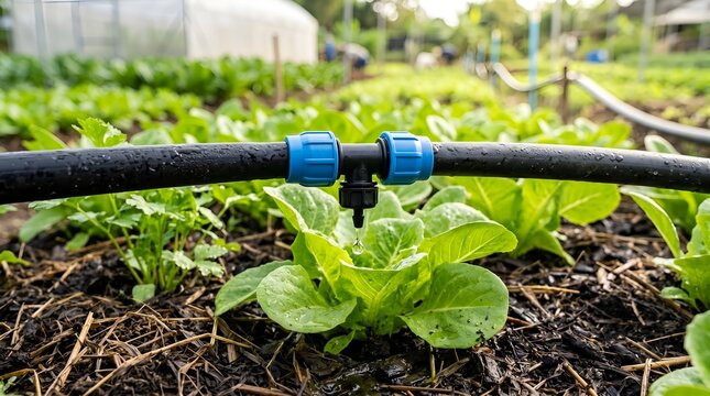 Drip irrigation system watering fresh green lettuce in farm field   
