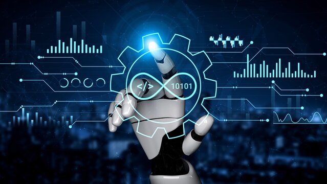 Futuristic Robot Hand Interacting with Digital Data and Technology Interface Visuals in a High-Tech Environment. Entropy.