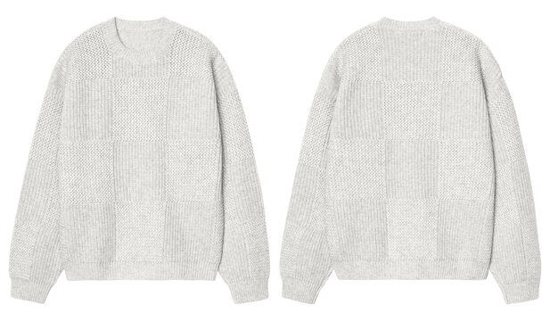 Plain White Knit Sweater Mockup Template, Blank Knitwear Pullover Front and Back View