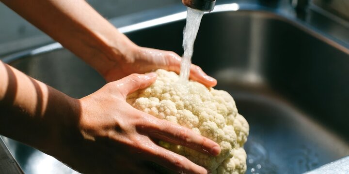 Wash vegetables and fruits for healthy eating concept. Hands washing a fresh cauliflower under running water in a kitchen sink.