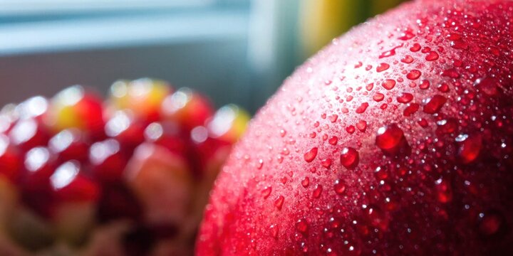 Wash vegetables and fruits for healthy eating concept. Close-up of a red apple covered in water droplets with blurred background featuring other fruits.