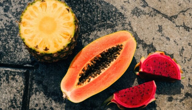 Wash vegetables and fruits for healthy eating concept. Cut tropical fruits including pineapple, papaya, and dragon fruit on a textured stone surface.