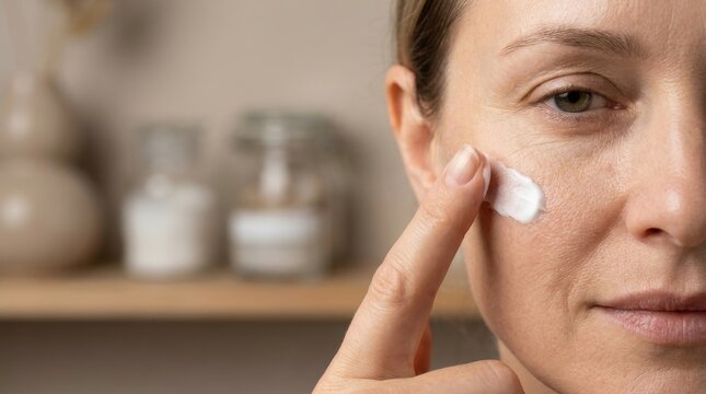 Antiaging Skincare: Woman applying facial cream to reduce the appearance of visible fine lines in a minimalist beauty studio
