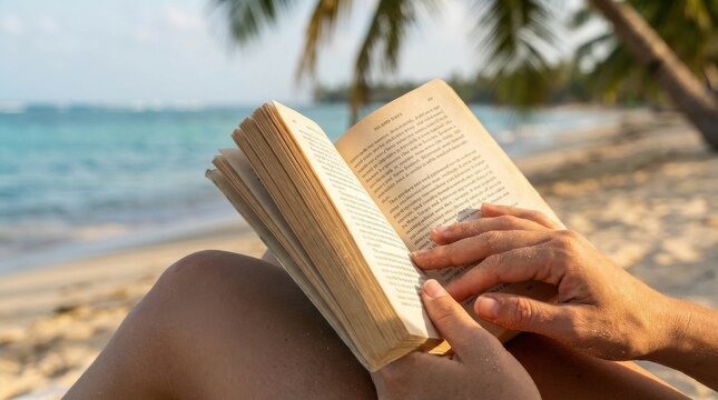Beach Relaxation: Woman reading a paperback book while sitting comfortably on a tropical sandy beach