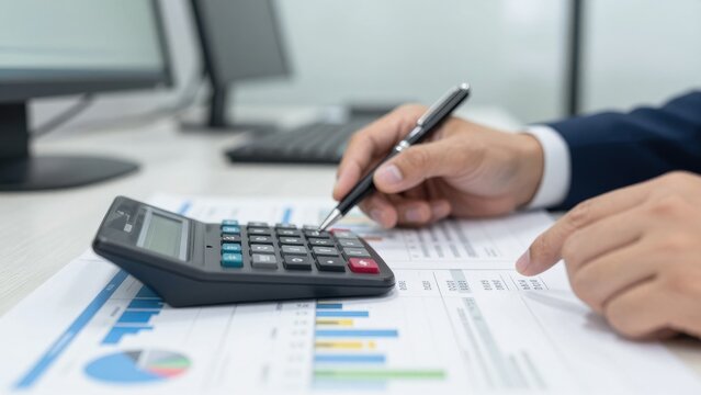Corporate Finance: Financial analyst reviewing financial reports in a modern corporate office