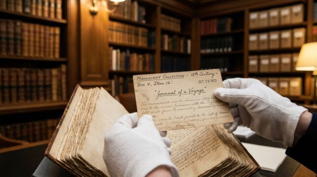 Historical Research: Librarian examining manuscripts and cataloging archival collections in a research library