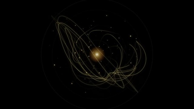 Golden celestial particle orbit animation with glowing light trails on black background for motion graphics