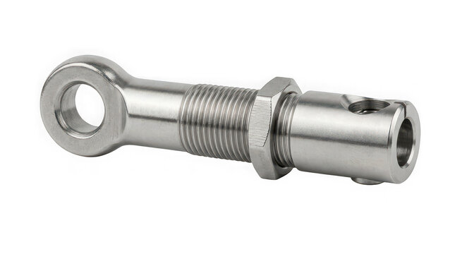 Shiny silver metal threaded rod end featuring a circular opening is an industrial component shown in isolation on a clear background