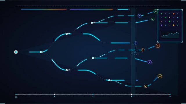 Abstract data visualization HUD interface showing branching paths and digital analytics for business strategy technology concepts
