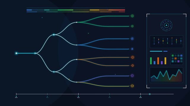 Futuristic digital HUD interface displaying complex data visualization with branching flowchart and analytics dashboard screen.