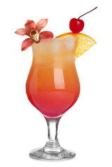 Delicious cocktail in glass and orchid flower isolated on white © New Africa
