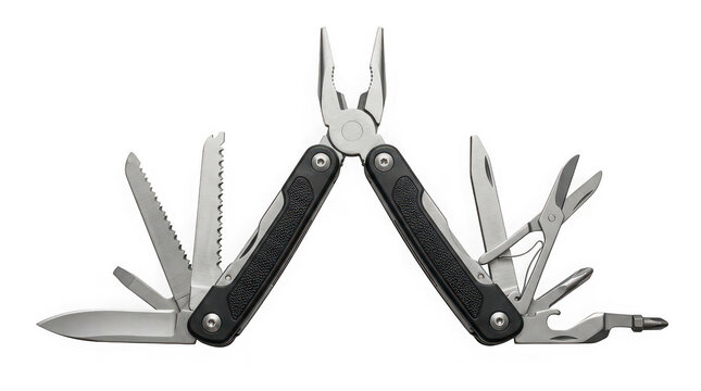 A highly detailed silver multi tool featuring an array of useful implements fully open and prepared for various tasks on a transparent