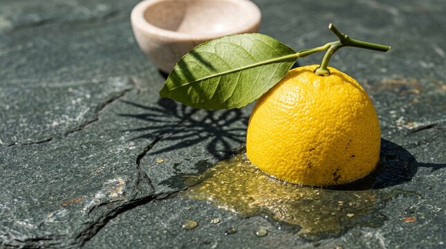 Pressed lemon half with juice on green stone