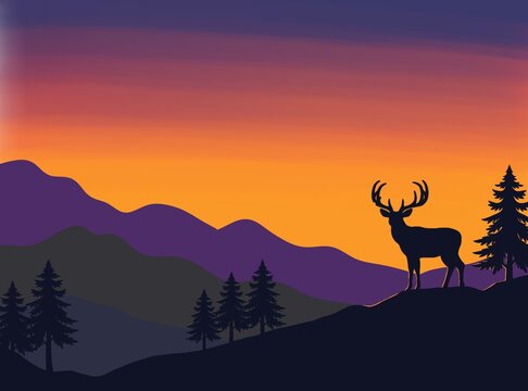 Stunning vector illustration of a majestic deer standing on a hill during a vibrant purple and orange sunset with mountains and pine trees in the background, perfect for nature and wildlife designs