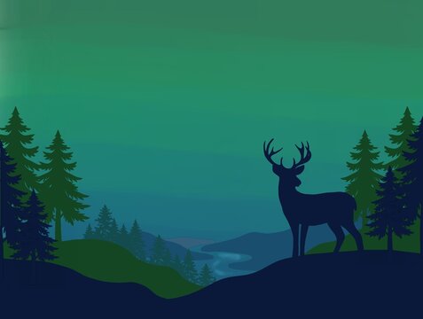 Majestic deer silhouette standing in a pine forest under a glowing green aurora borealis night sky, vector illustration landscape scene featuring hills and tranquil river for magical wilderness backgr