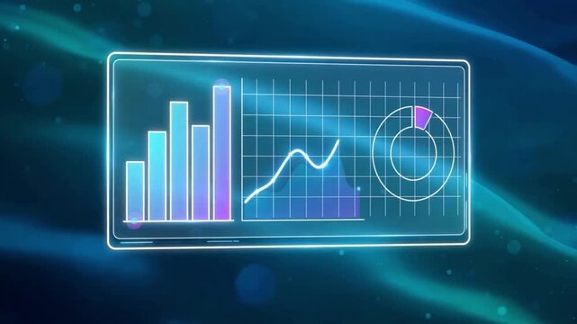 White line chart analytics panel floating over flowing teal silk waves, double layer abstract background seamless loop