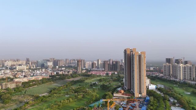 Aerial view of Noida city, Uttar Pradesh, India. Drone shot of Noida Buildings skyline, Beautiful weather during summer