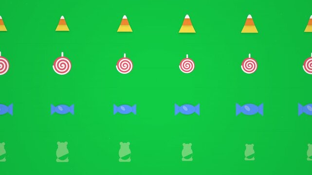 Seamless Horizontal Motion of Colorful Candy Icons on Green Background